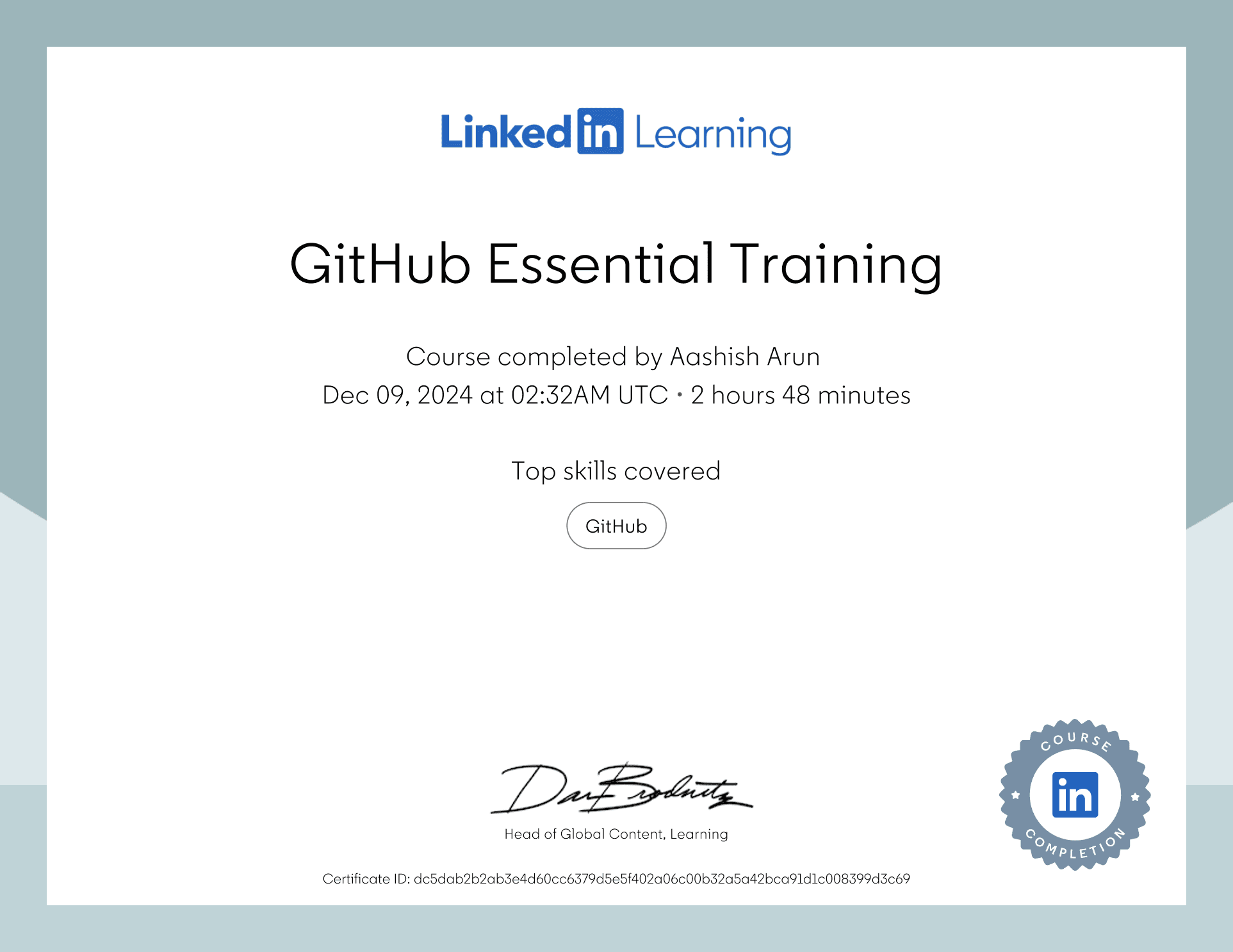 GitHub Essential Training certificate